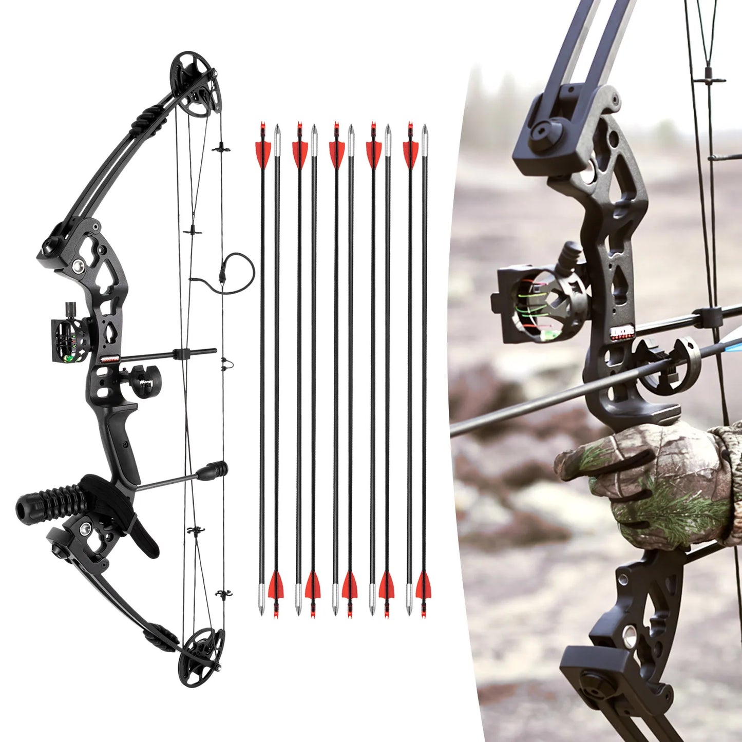 NONEDraw Right Handed Compound Bow Kit with 12 Arrows 30-55lbs