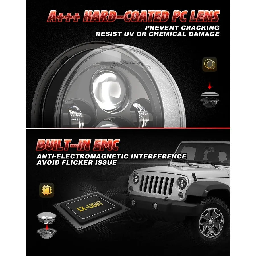 Round LED Headlights For Jeep Wrangler JK TJ Sealed Beam
