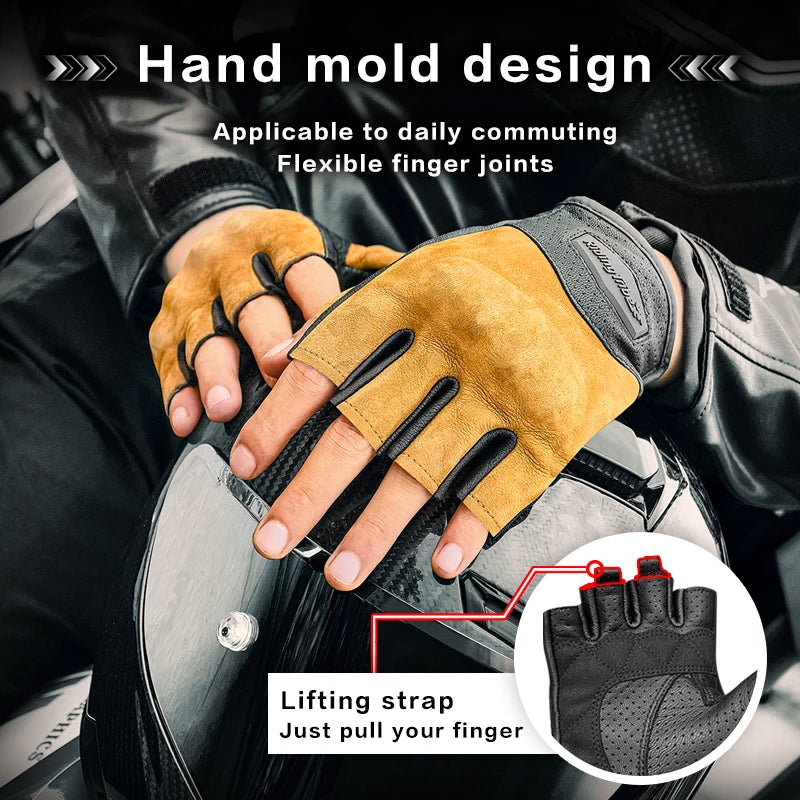 Leather Half Finger Motorcycle Riding Gloves Unisex Summer