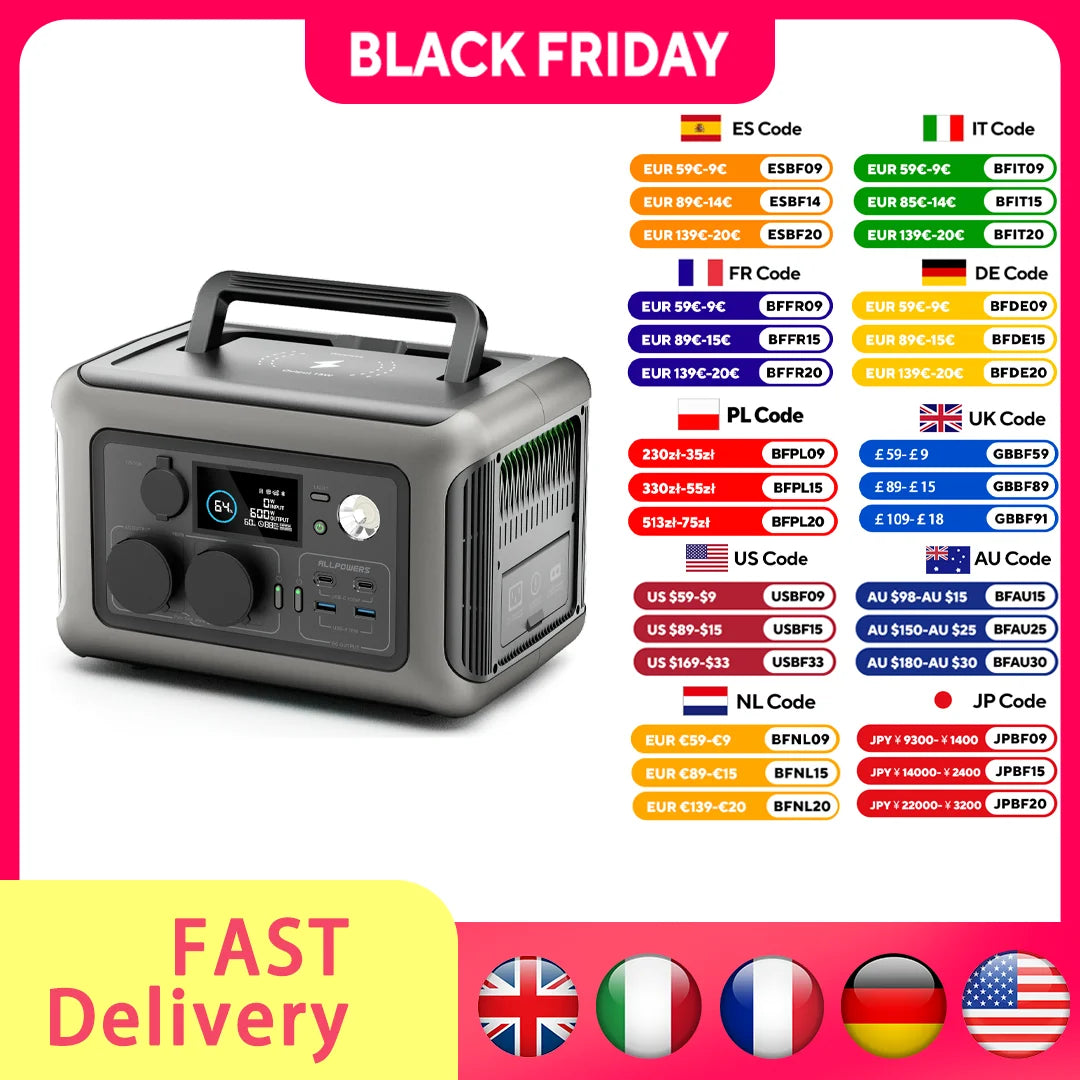 ALLPOWERS R600 Portable Power Station 299Wh LiFePO4 2x600W AC