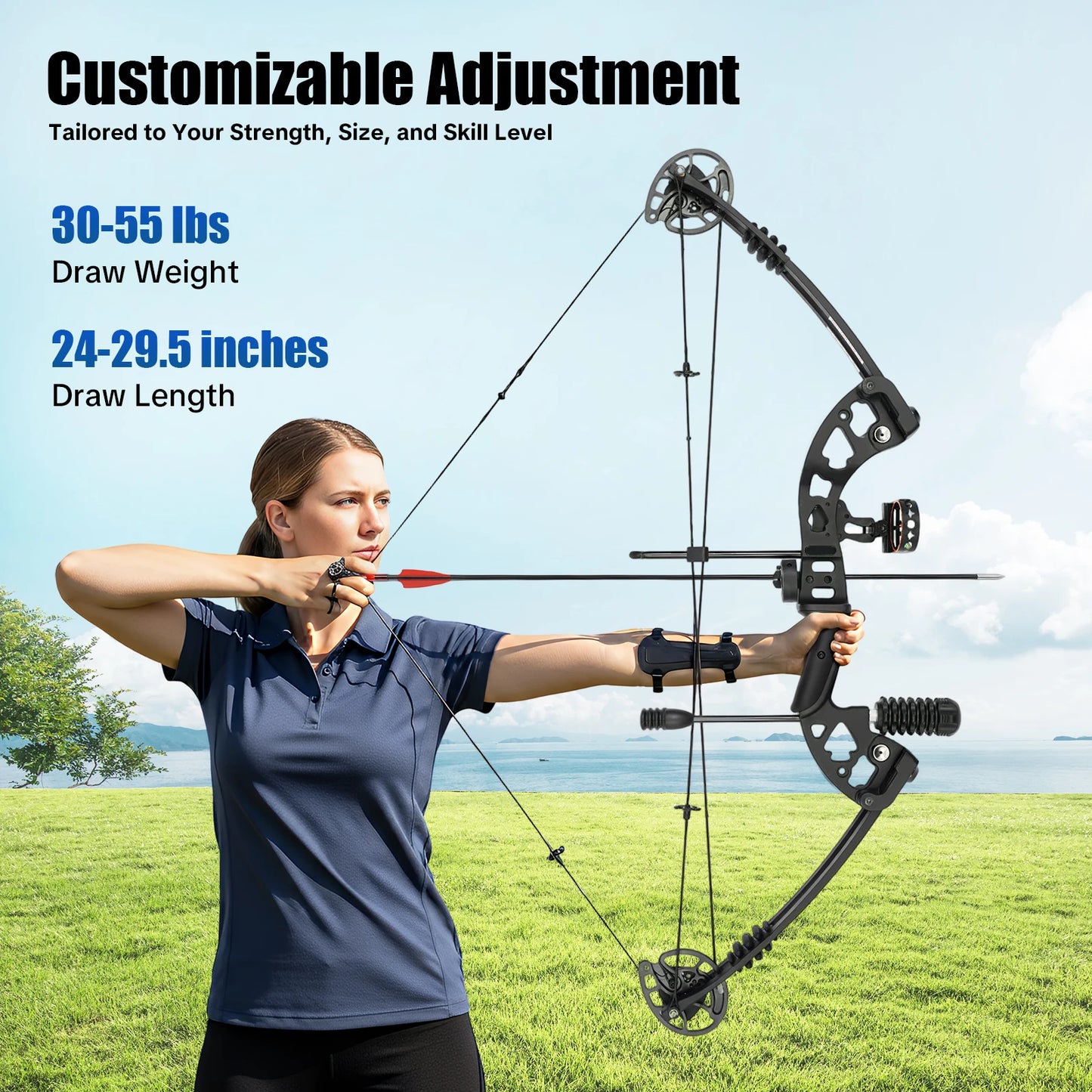 Compound Bow 30-55 Lbs Adjustable Draw Weight 3 Pin Sight 12 Arrows Archery Set