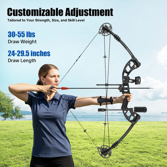 Compound Bow 30-55 Lbs Adjustable Draw Weight 3 Pin Sight 12 Arrows Archery Set