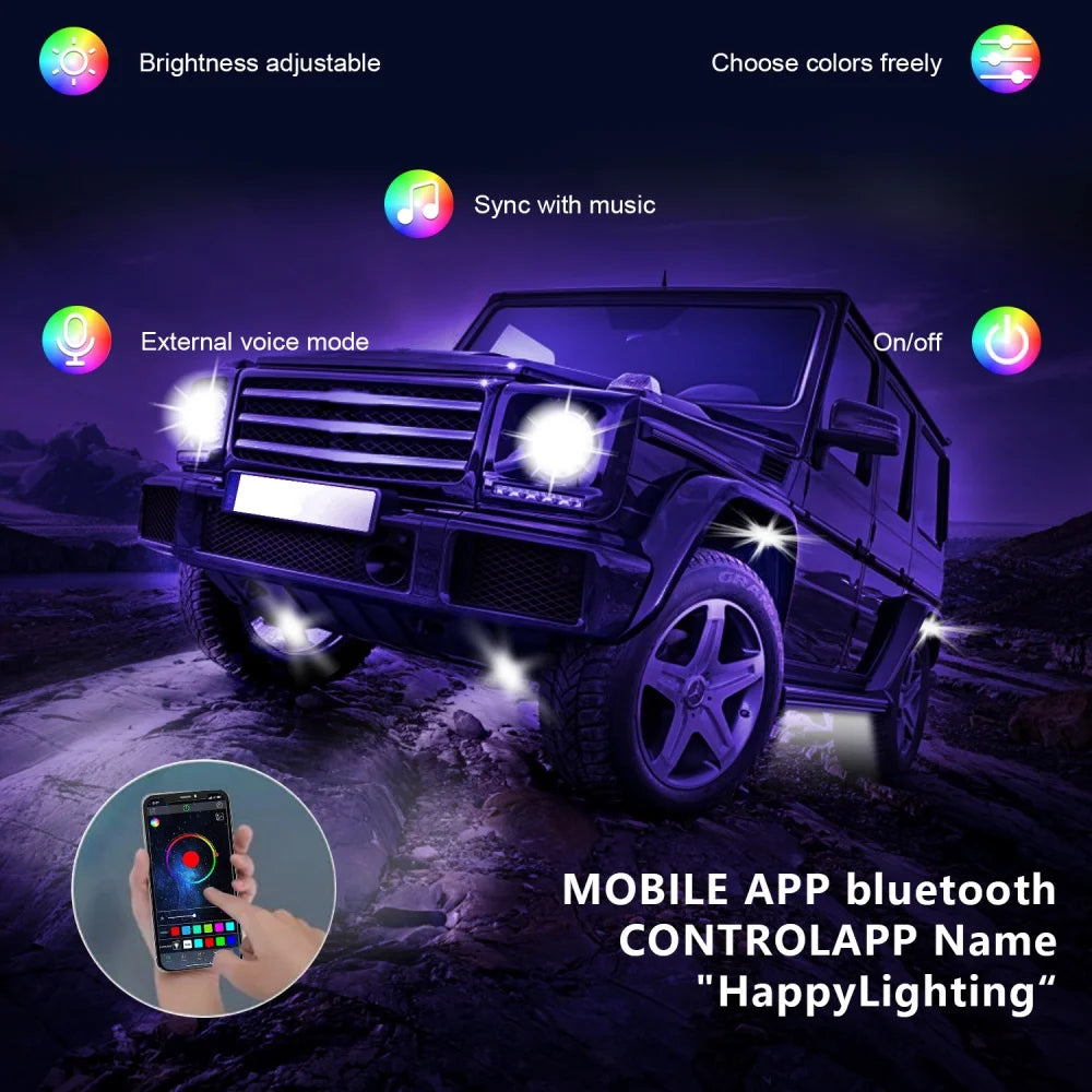 RGB LED Rock Lights 6 Pack APP Control Music Offroad