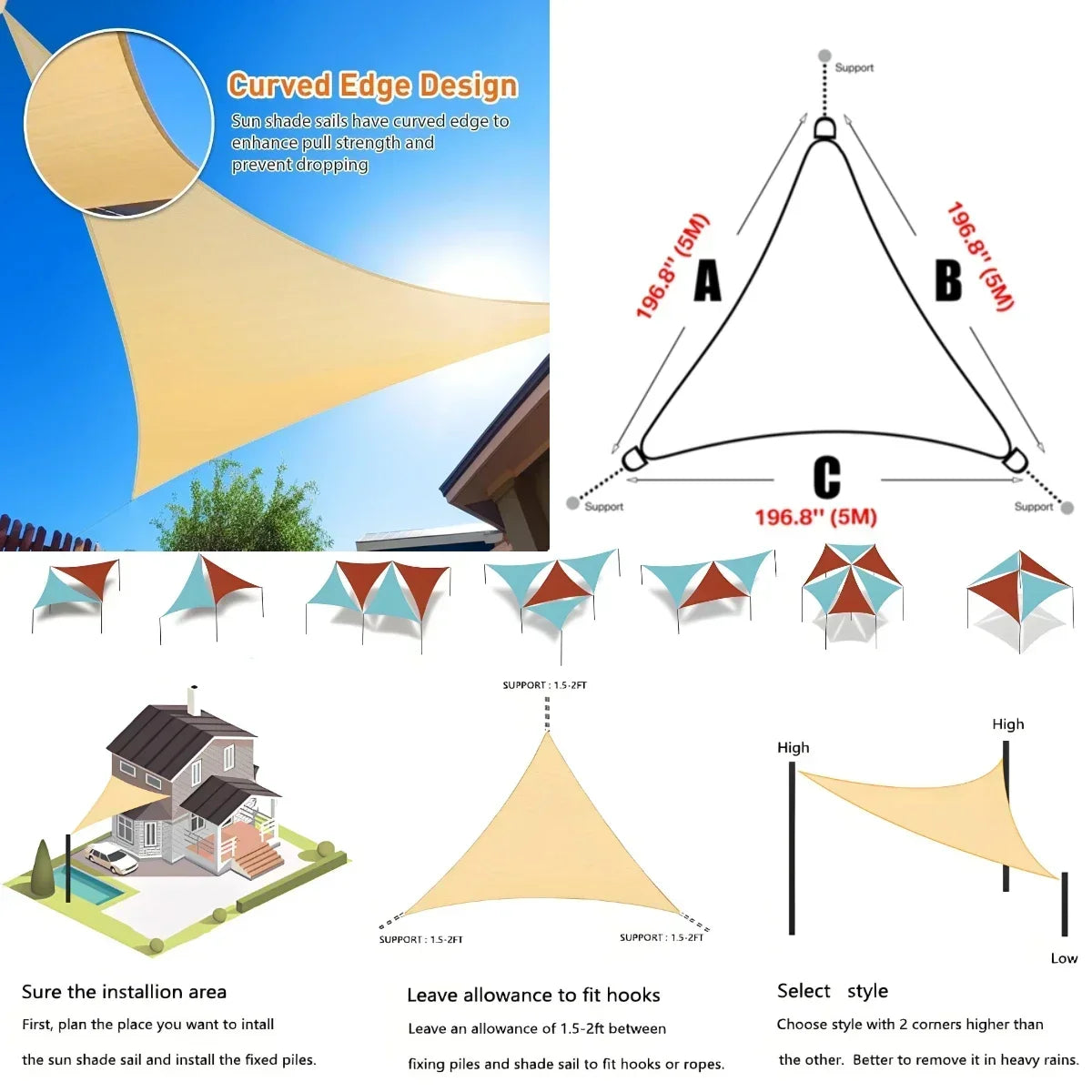 Triangle Sun Shade Sail Canopy UV Block Sunshade For Patio