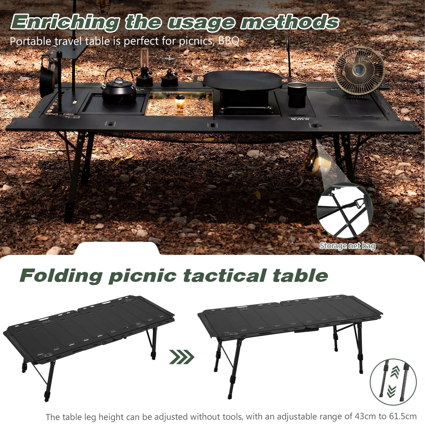 Foldable Camping Table With Adjustable Height Legs 120kg Load Capacity