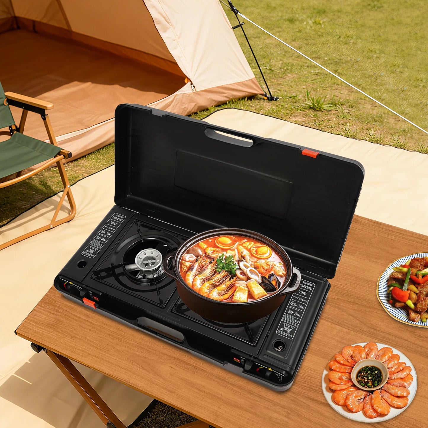 Two Burner Portable Camping Stove With Auto Ignition Baking Tray