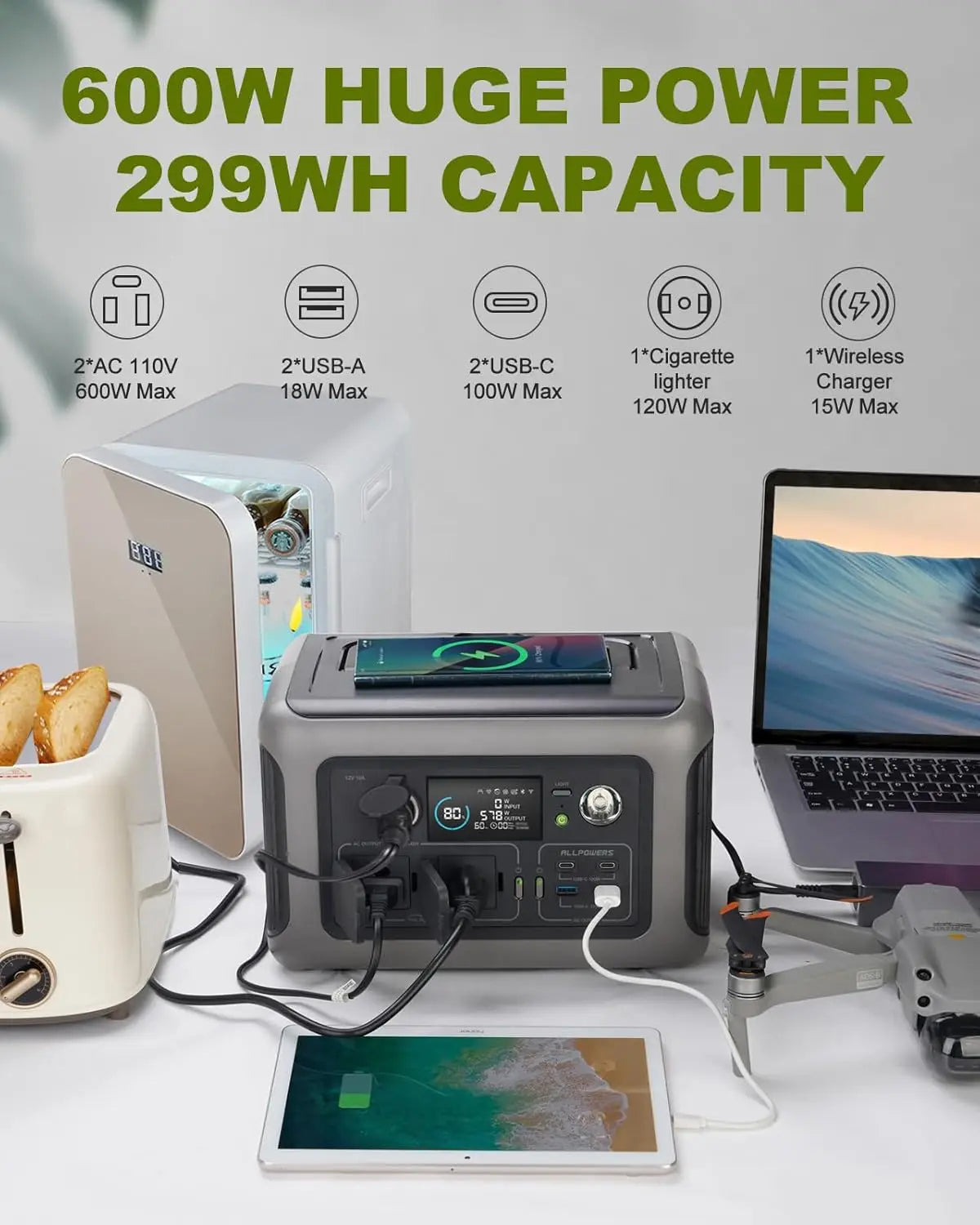 ALLPOWERS R600 Portable Power Station 299Wh LiFePO4 2x600W AC