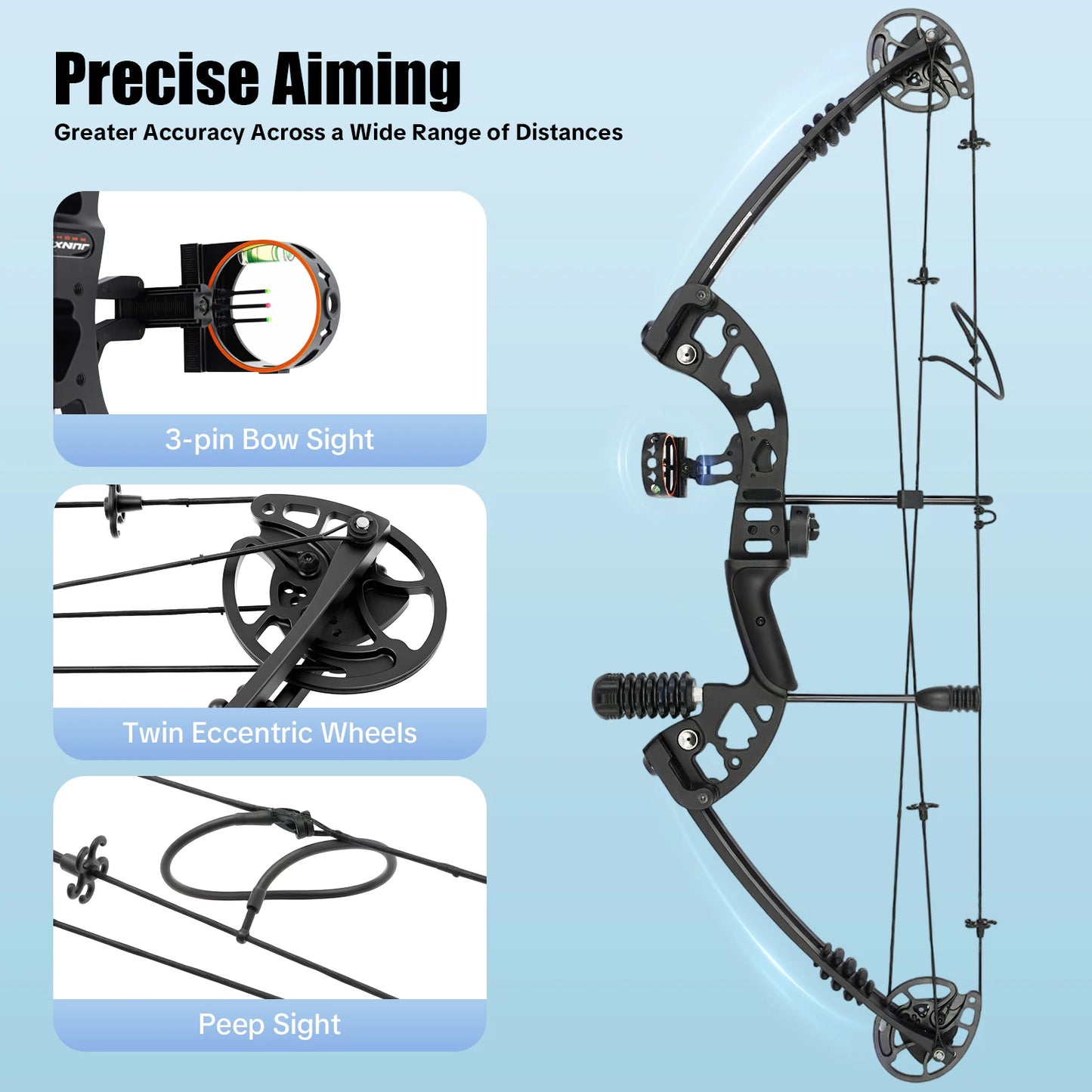 Compound Bow 30-55 Lbs Adjustable Draw Weight 3 Pin Sight 12 Arrows Archery Set