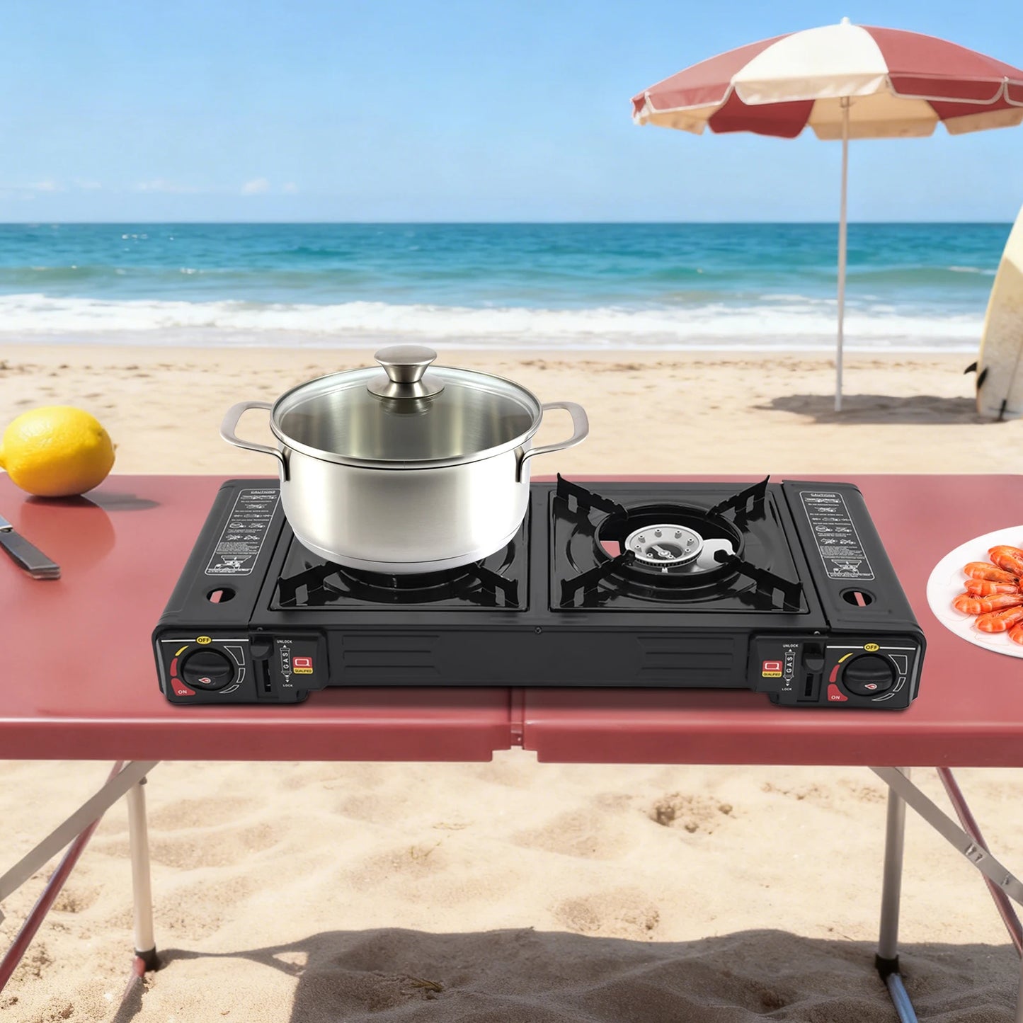 Two Burner Portable Camping Stove With Auto Ignition Baking Tray