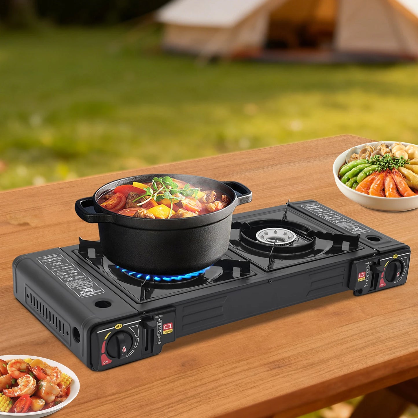 Two Burner Portable Camping Stove With Auto Ignition Baking Tray