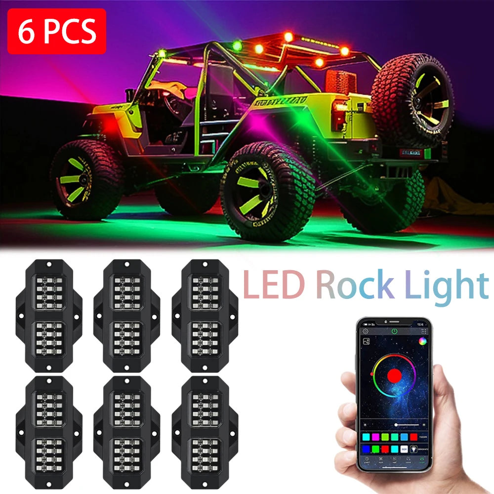 RGB LED Rock Lights 6 Pack APP Control Music Offroad
