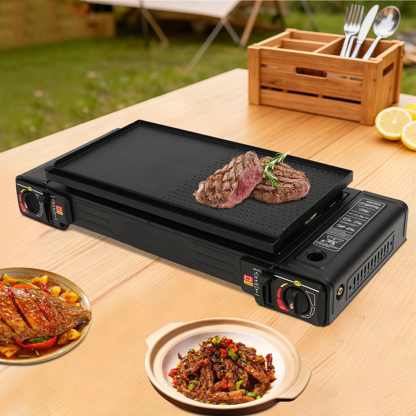 Two Burner Portable Camping Stove With Auto Ignition Baking Tray