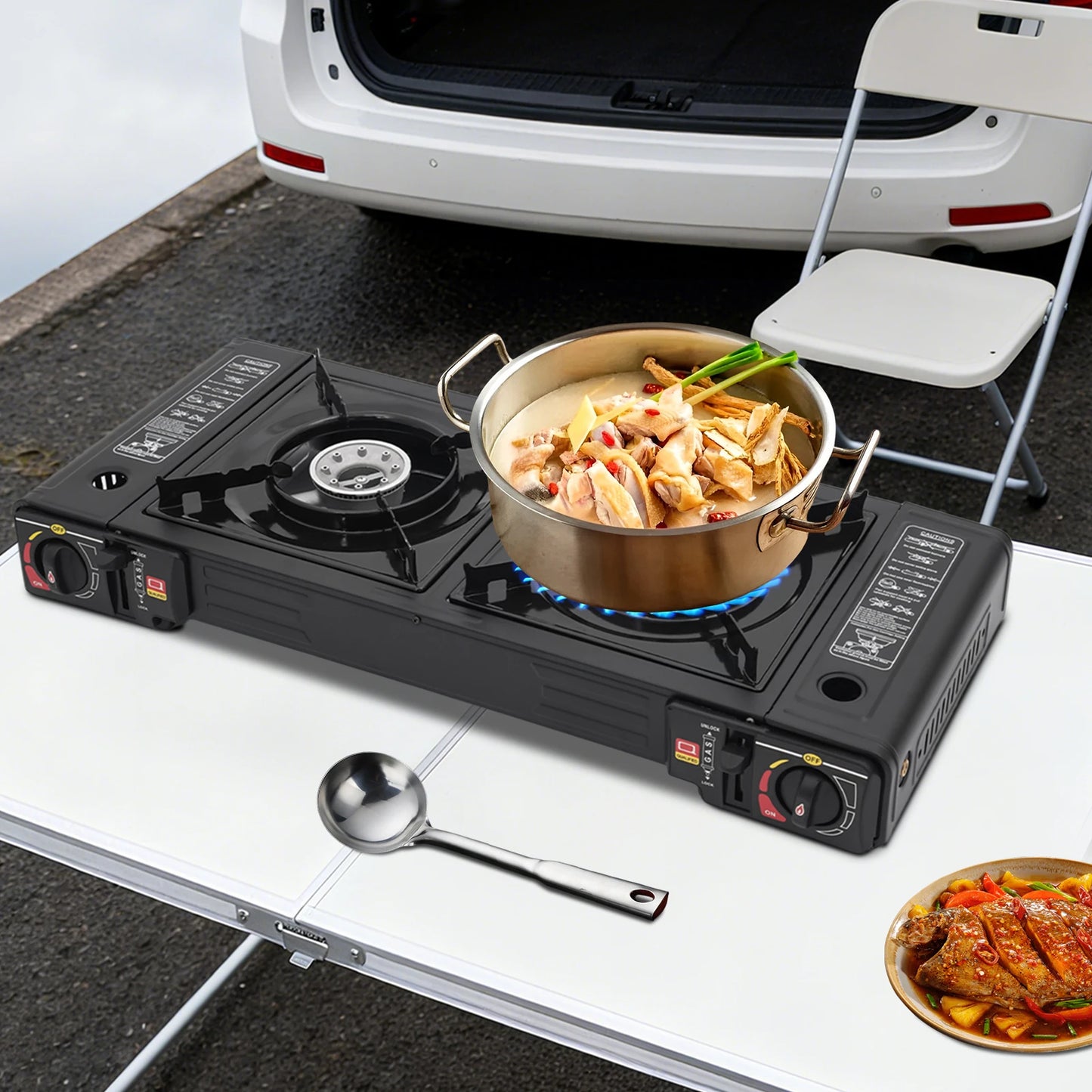 Two Burner Portable Camping Stove With Auto Ignition Baking Tray