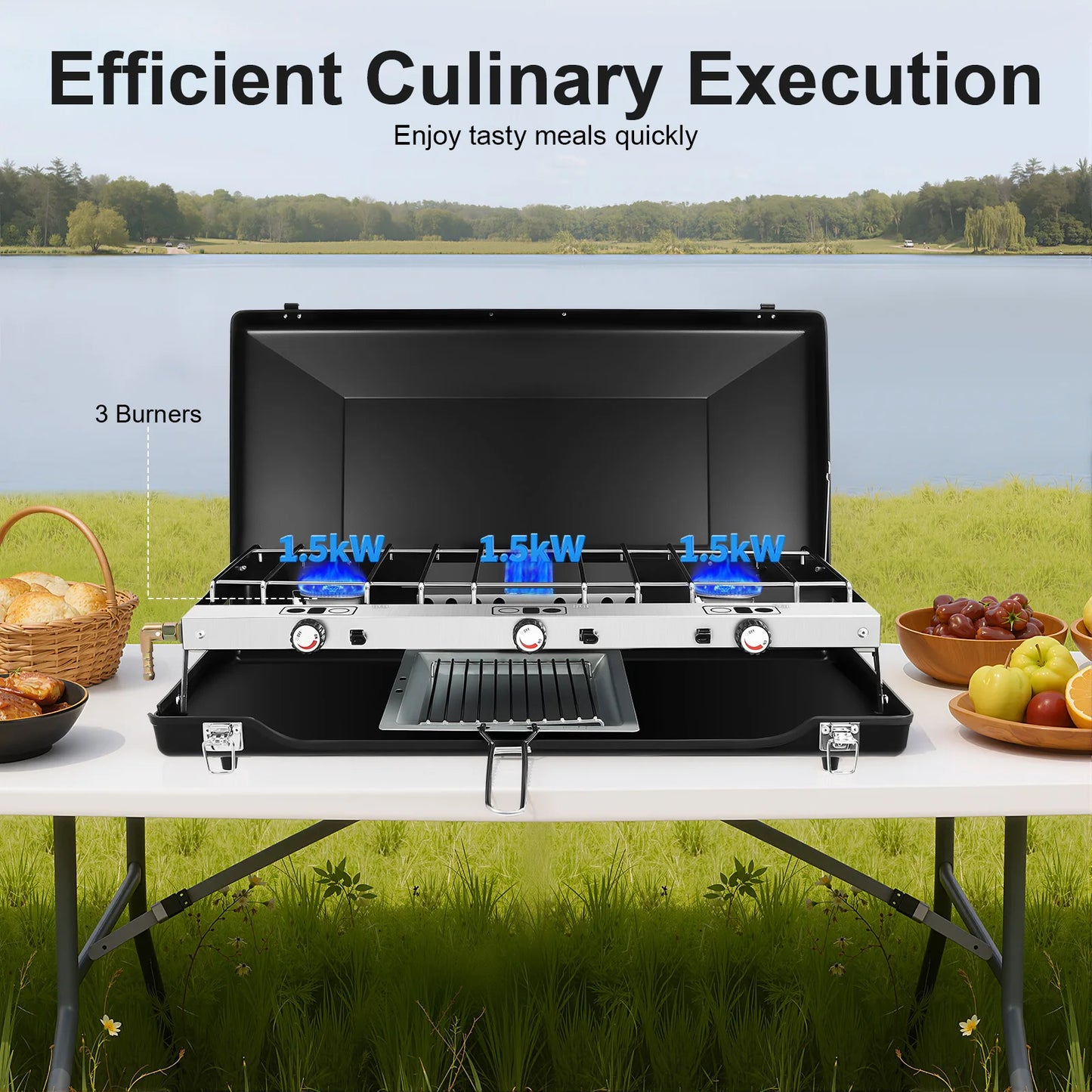 Portable 3 Burner Camping Stove Propane Butane Outdoor Gas Grill