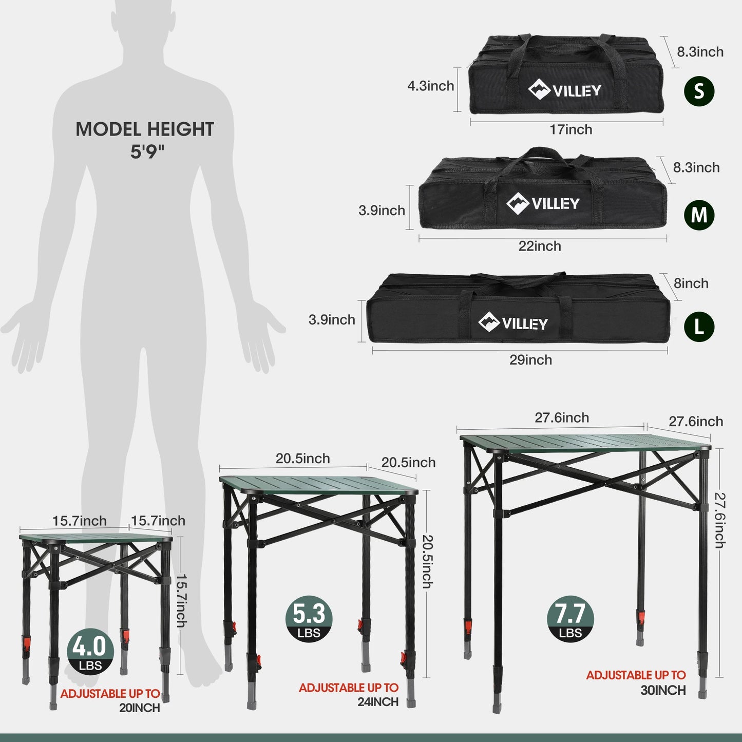VILLEY Folding Camping Square Table With Carry Bag Aluminum Lightweight Outdoor