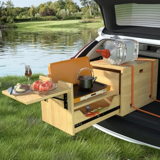 Slide Out Kitchen System Folding Camping Table With Drawer SUV Camp Kitchen