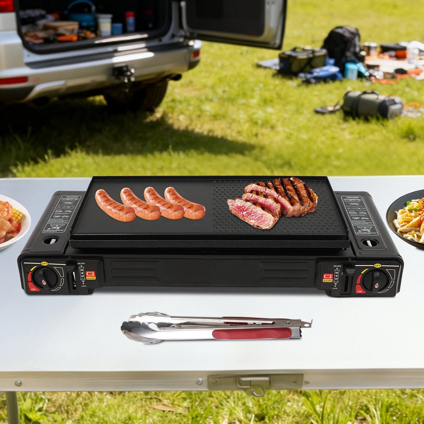 Two Burner Portable Camping Stove With Auto Ignition Baking Tray
