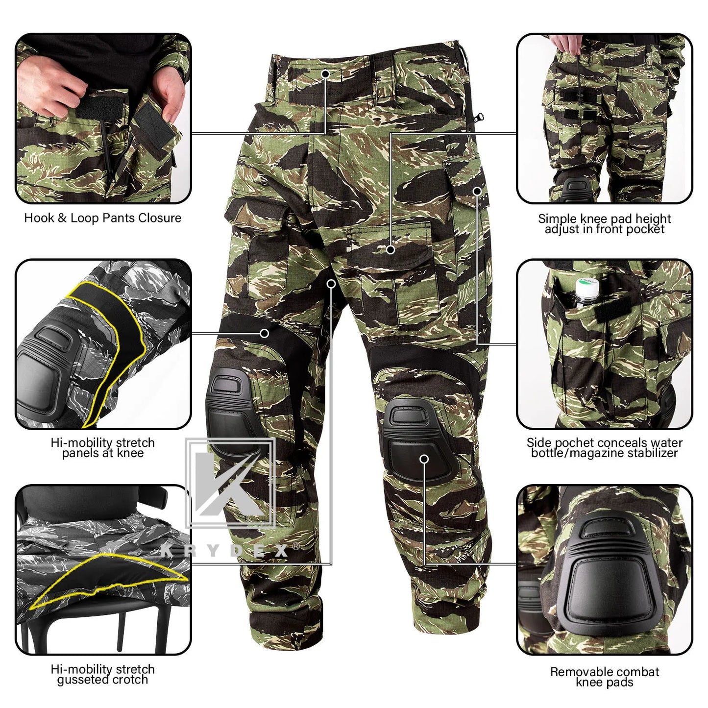 KRYDEX Camouflage Tactical Pants With Knee Pads For Outdoor Hunting