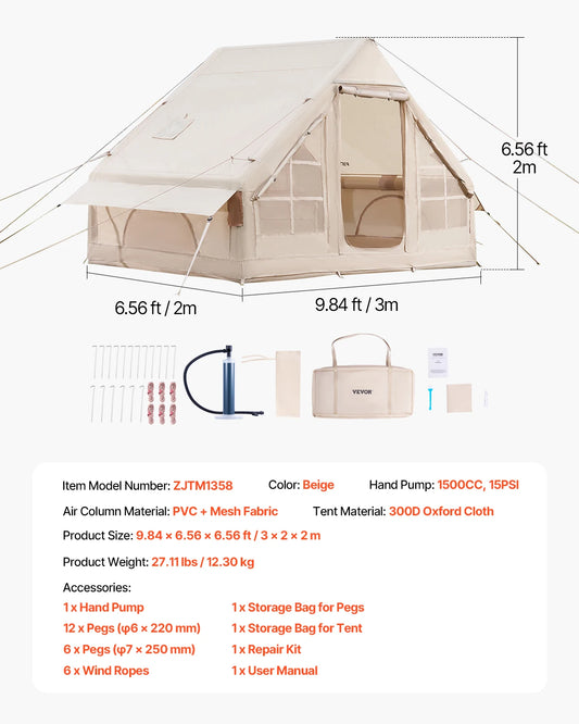 VEVOR Inflatable Camping Tent Easy Setup 300D Oxford Stove Jack Hand Pump