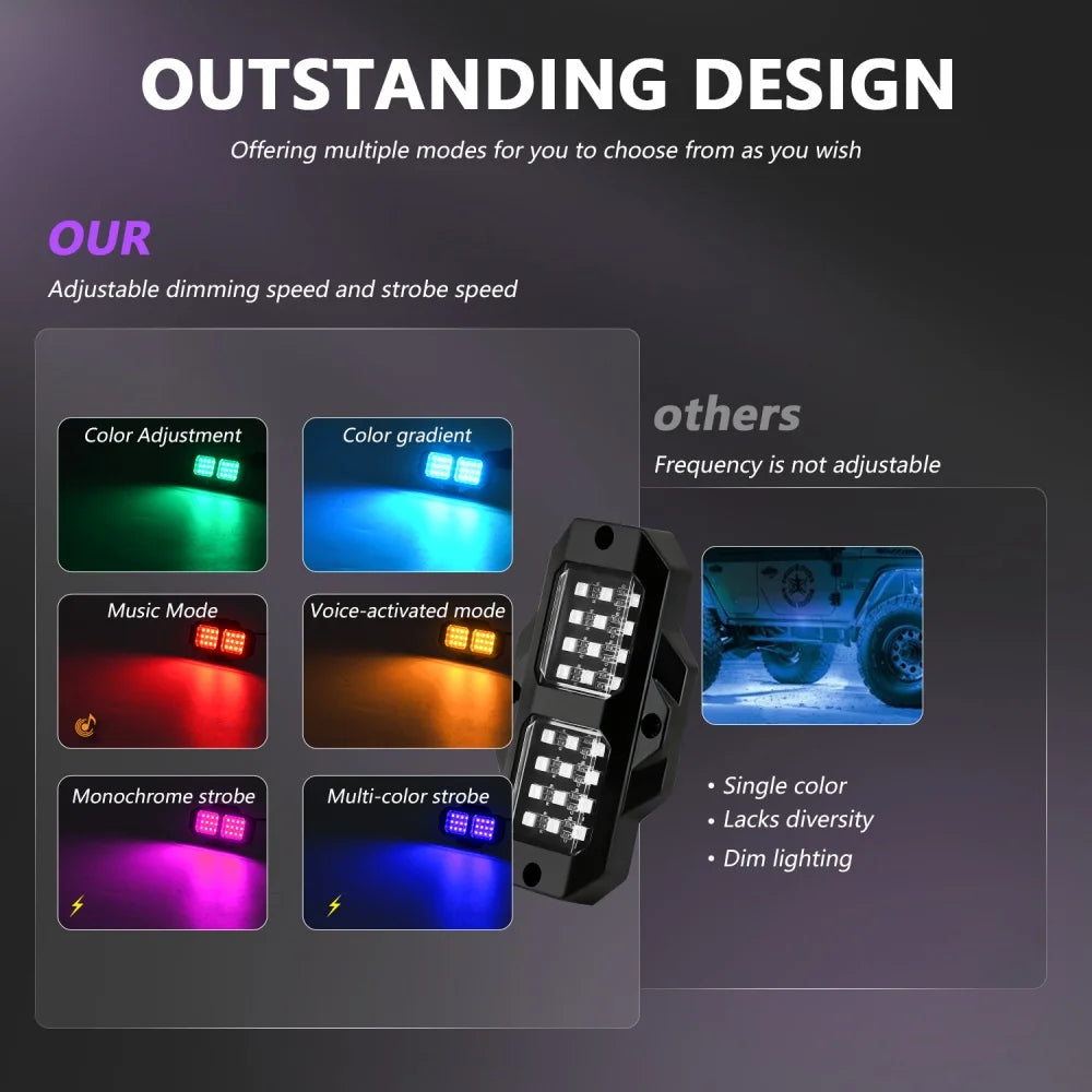 RGB LED Rock Lights 6 Pack APP Control Music Offroad